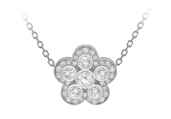 Sterling Silver Rhodium Plated White Zirconia  18mm x 17.6mm Flower Adjustable Necklace  43m/17"-46m/18"9