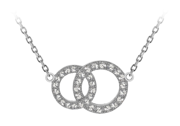 Sterling Silver Rhodium Plated Zirconia  17.2mm x 12.5mm Linked-Rings Adjustable Necklace  43m/17"-46m/18"9