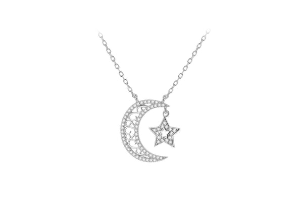 Sterling Silver Rhodium Plated Zirconia  19mm x 20.5mm Moon & Star Adjustable Necklace  43m/17"-46m/18"9