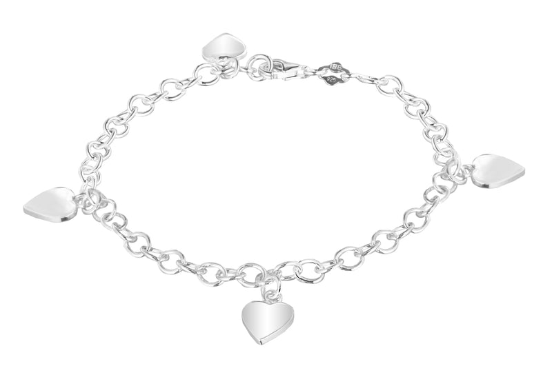 Sterling Silver Rhodium Plated Heart Charm Trace Chain Bracelet 19m/7.5"9