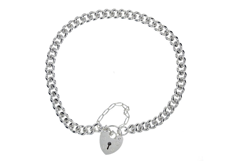 Sterling Silver Heart Padlok Curb Bracelet 19m/7.5"9