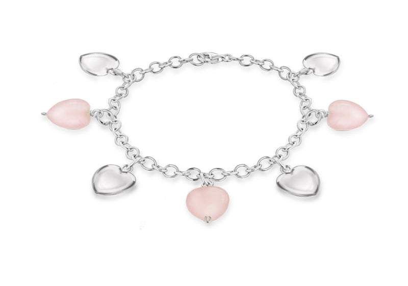 Sterling Silver and Rose Quartz Heart Charm Bracelet 19m/7.5"9