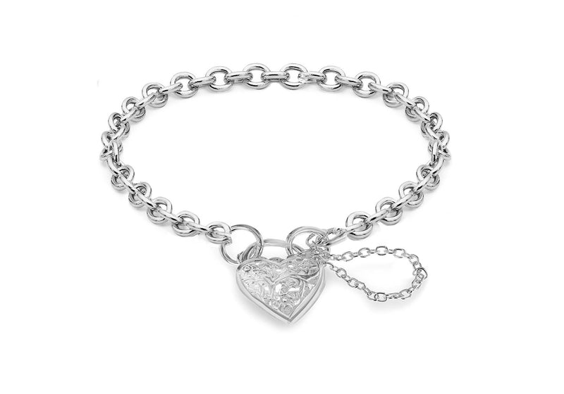 Sterling Silver Heart Padlok Belcher  Bracelet 19m/7.5"9