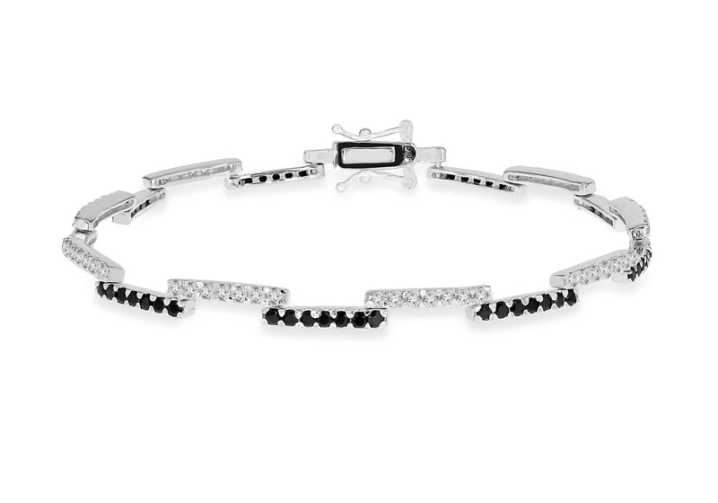 Sterling Silver Black and White Zirconia  Zigzag Bracelet 19m/7.5"9