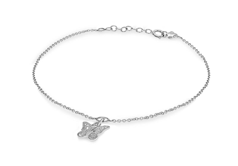 Sterling Silver Rhodium Plated Butterfly Charm Adjustable Anklet
