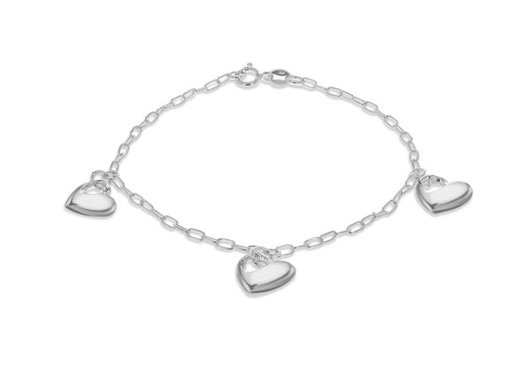 Sterling Silver Rhodium Plated Triple Puffed Heart Charm Bracelet 19m/7.5"9