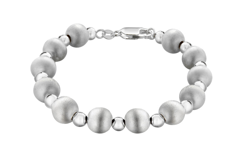 Sterling Silver Satin and Polished Round Bead Bracelet 19m/7.5"9