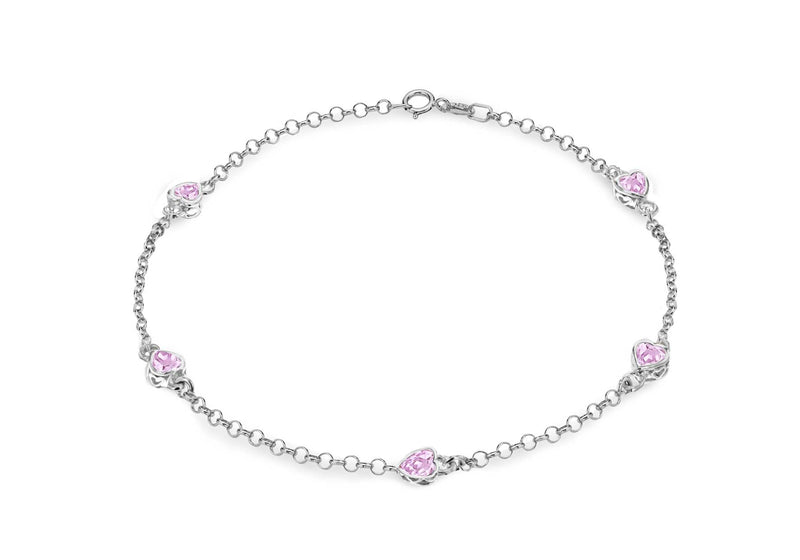 Sterling Silver Pink Zirconia  Heart Bracelet 19m/7.5"9