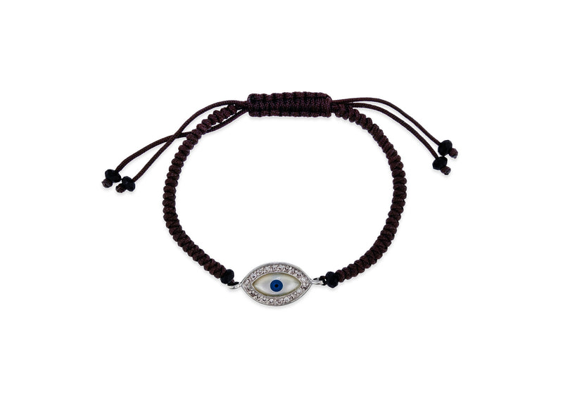 Sterling Silver Zirconia  Evil Eye on Brown otton Adjustable Bracelet