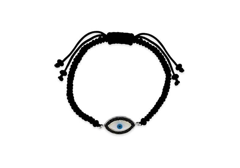Sterling Silver Black Zirconia  Evil Eye on Black otton Adjustable Bracelet