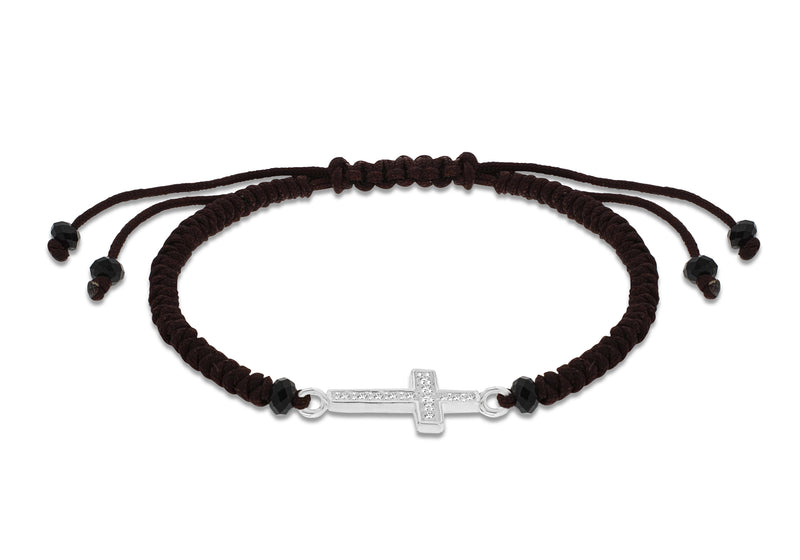 Sterling Silver Zirconia  Cross on Brown otton Adjustable Bracelet