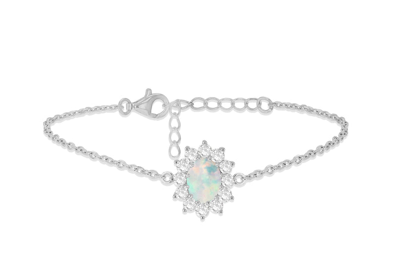 Sterling Silver Opal and White Zirconia Flower Cluster Bracelet