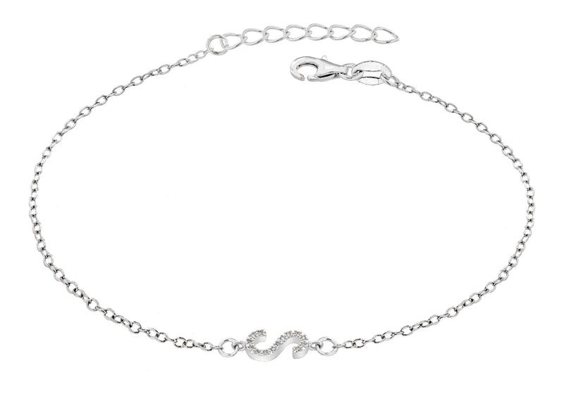 Sterling Silver Rhodium Plated Zirconia  'S' Initial Bracelet 19m/7.5"9