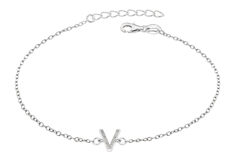 Sterling Silver Rhodium Plated Zirconia  'V' Initial Bracelet 19m/7.5"9