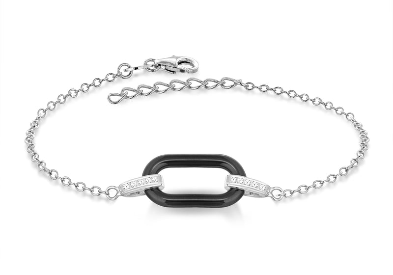 Sterling Silver Rhodium Plated Single Black Ceramic and Zirconia  Link Adjustable Bracelet 15.25m/6" - 18m/7"9