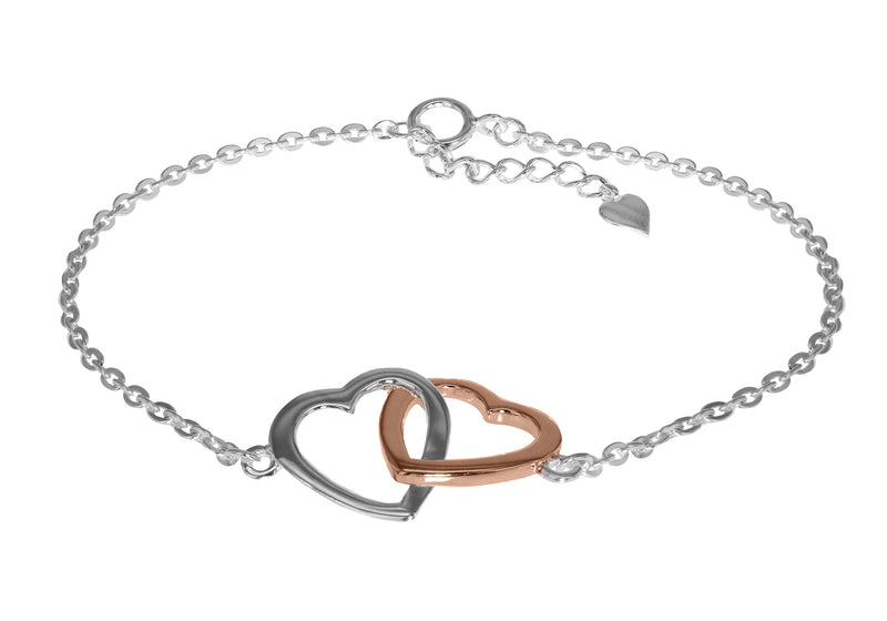 Sterling Silver White and Rose Gold Plated Double-Heart Adjustable Bracelet
