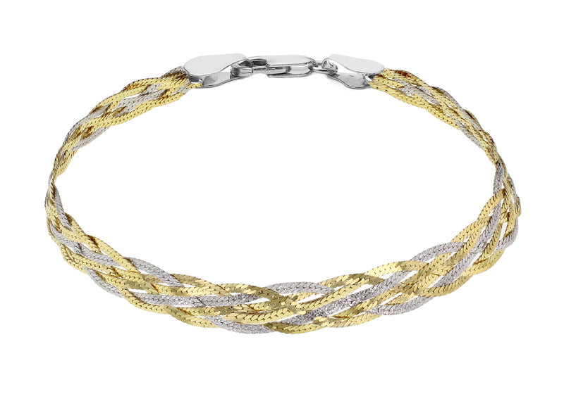 Sterling Silver Rhodium and Yellow Gold Plated Herringbone Bracelet 19m/7.5"9
