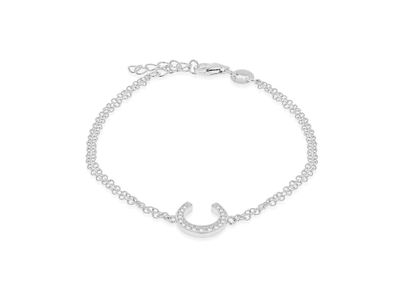Sterling Silver Rhodium Plated Zirconia  10.4mm x 10.8mm Horseshoe Double Chain Bracelet 17m/6.5"-19m/7.5"9