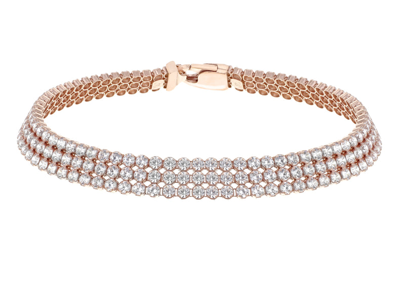 Sterling Silver Rose Gold Plated 3-Row Zirconia  Bracelet 19m/7.5"9