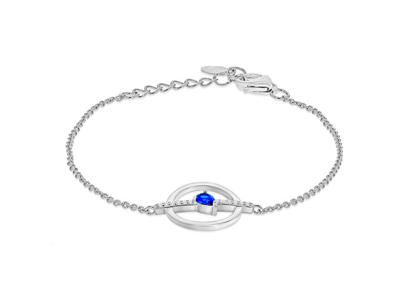 Sterling Silver Rhodium Plated White and Blue Zirconia  21mm x 14mm Circle & Bar Adjustable Bracelet 16m/6.25"-18.5m/7.25"9