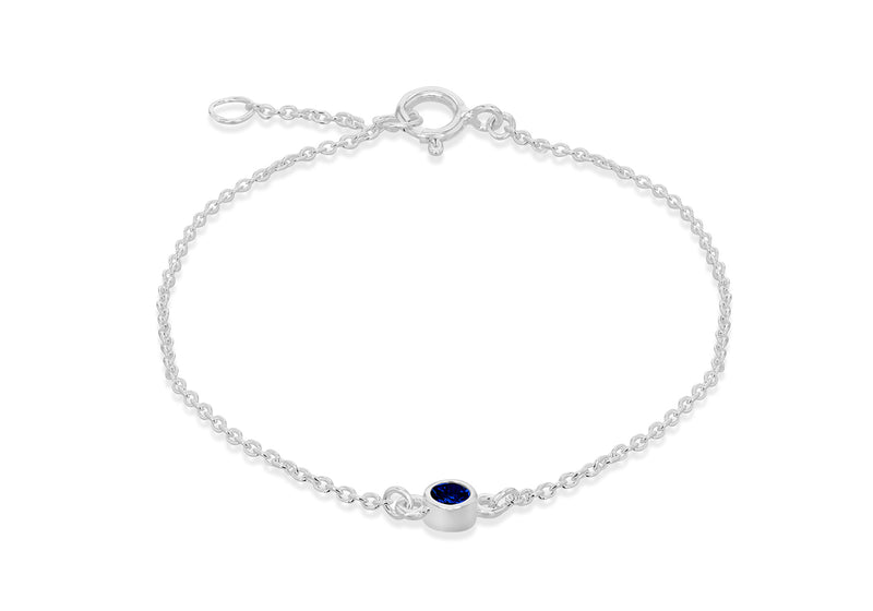 Sterling Silver Blue 3mm Zirconia  September Birthstone Adjustable Bracelet 16m/6.25"-18m/7"9