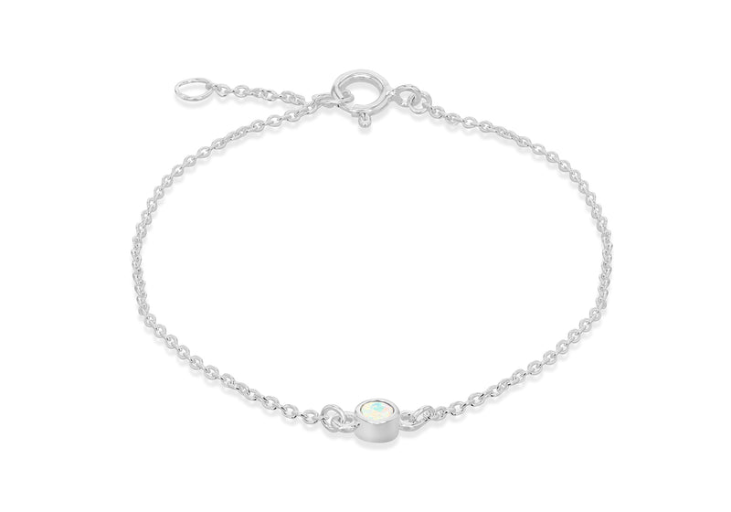 Sterling Silver White Cabochon Synthetic Opal October Birthstone Adjustable Bracelet