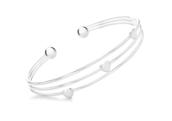 Sterling Silver 3-Row Heart Torque Bangle
