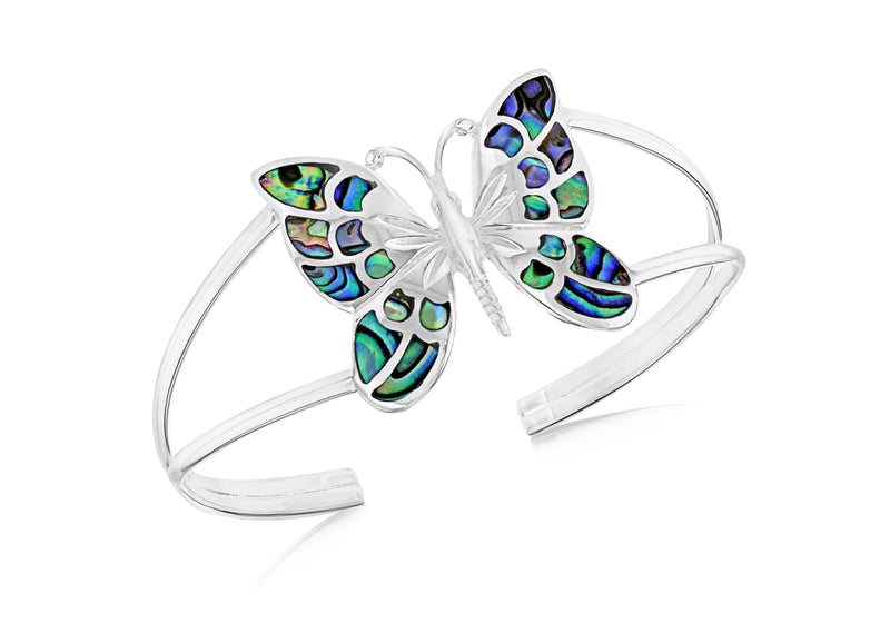 Sterling Silver Pave Shell Butterfly Bangle