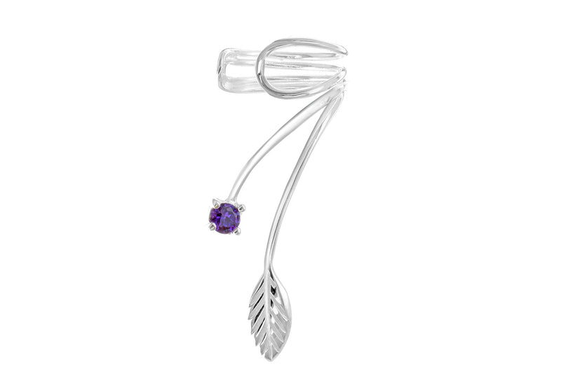 Sterling Silver Wire Leaf and Purple Zirconia  Ear Cuff