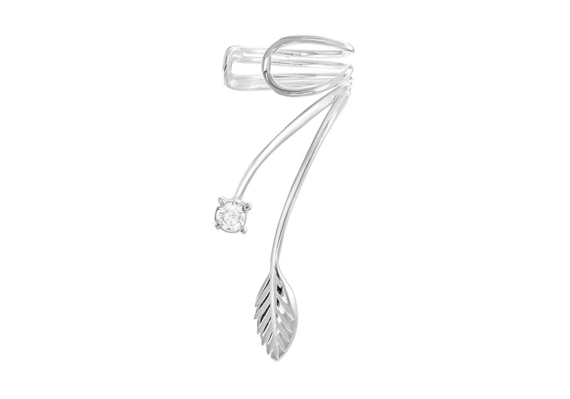 Sterling Silver Wire Leaf and White Zirconia  Ear Cuff