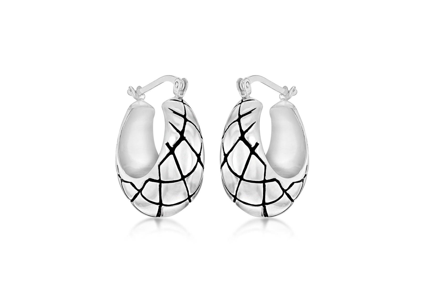 Sterling Silver Oxidised Antique-Style Quilt-Pattern Creole Earrings