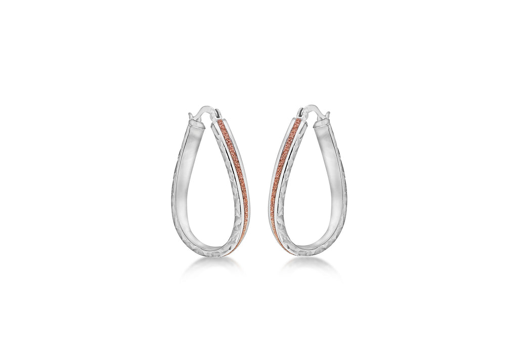 Sterling Silver Rhodium Plated 19mm x 28.5mm Diamond Cut Rose-Stardust Oval Creole Earrings