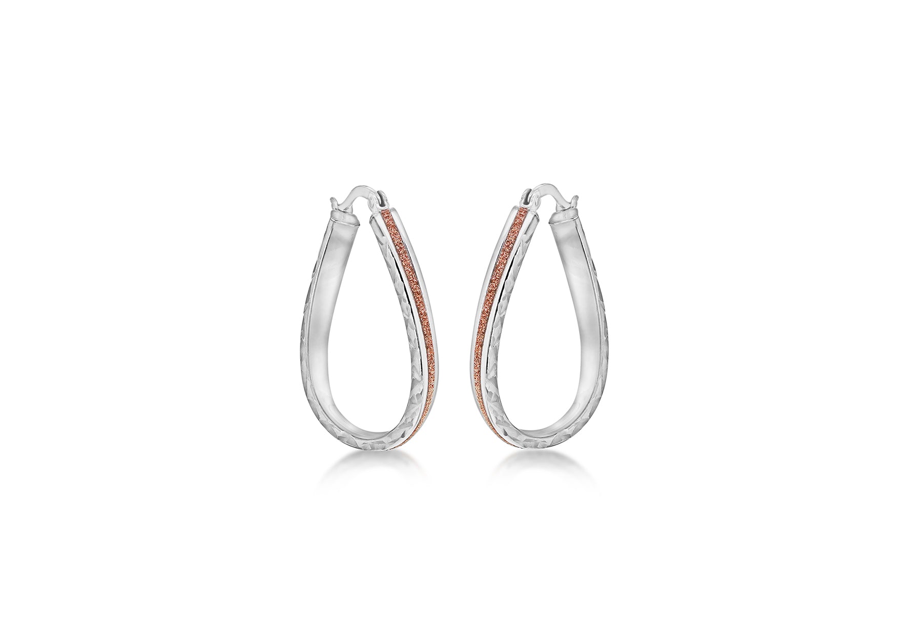 Sterling Silver Rhodium Plated 19mm x 28.5mm Diamond Cut Rose-Stardust Oval Creole Earrings