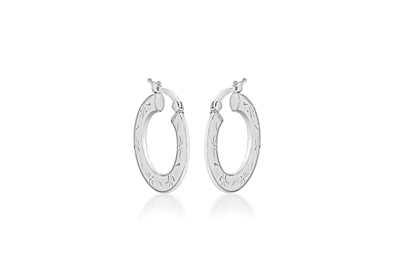 Sterling Silver Rhodium Plated Diamond Cut 25.6mm Floral Creole Earrings