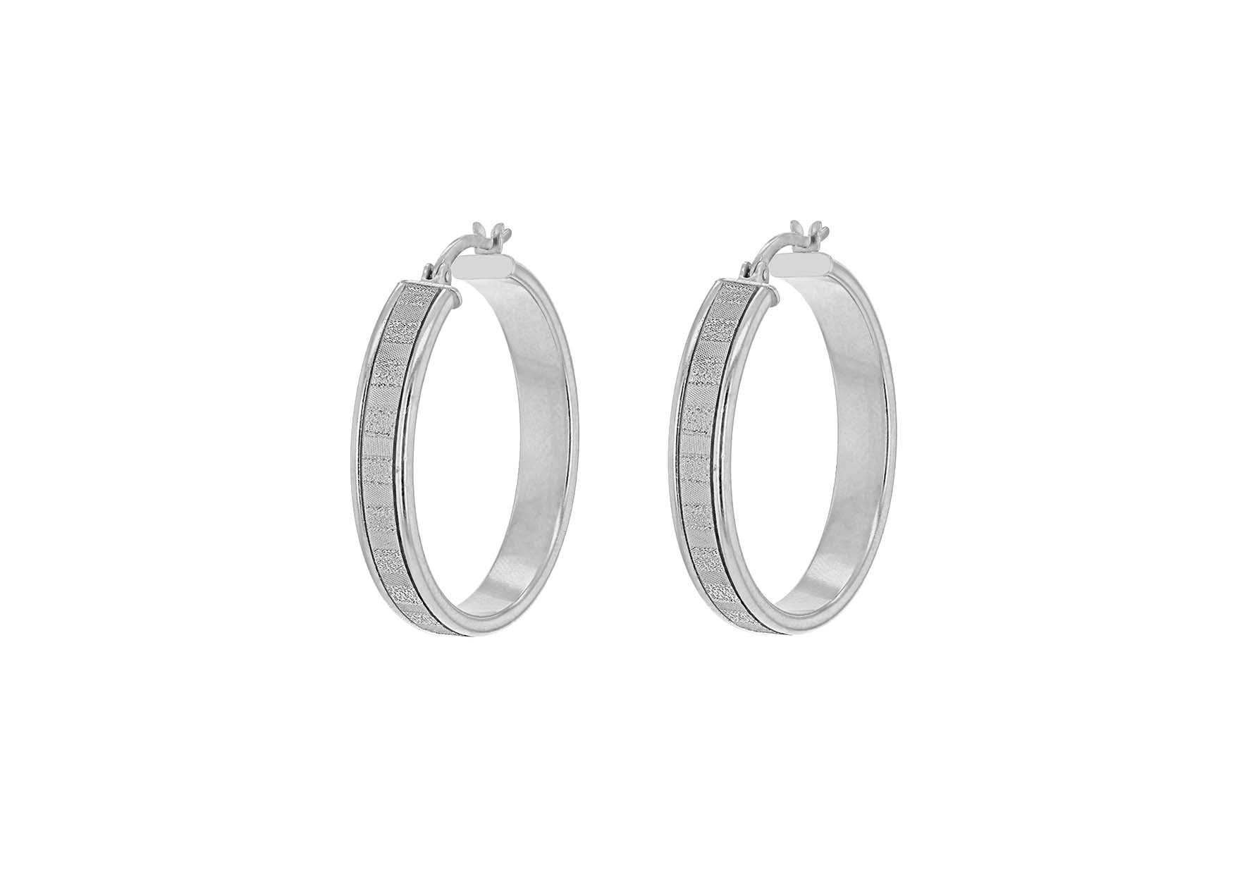 Sterling Silver Rhodium Plated 30mm Stardust Striped Creole Hoop Earrings