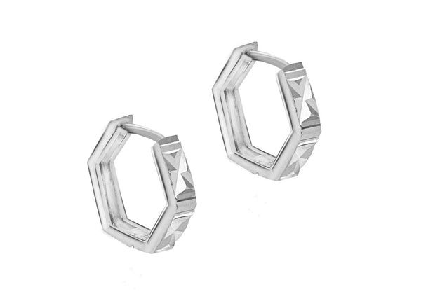 Sterling Silver 12.5mm Diamond Cut Hexagon Huggy Earrings