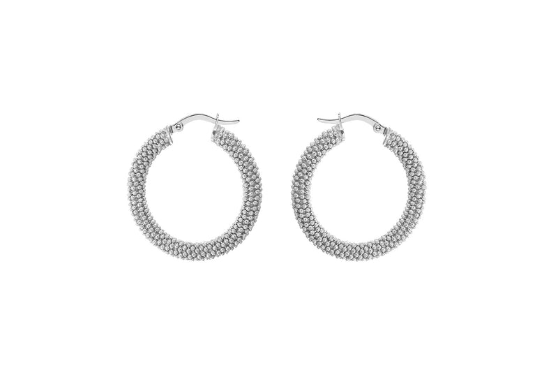 Sterling Silver Rhodium Plated 30mm Textured Hoop Earrings