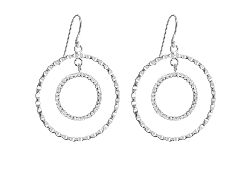 Sterling Silver Rhodium Plated Double Circle rinkled Drop Earrings