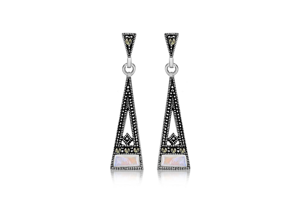 Sterling Silver Trapezoid Marcasite & Mother of Pearl Drop Earrings