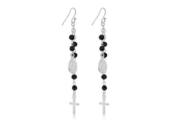 Sterling Silver Black Beads Rosary Drop Earrings