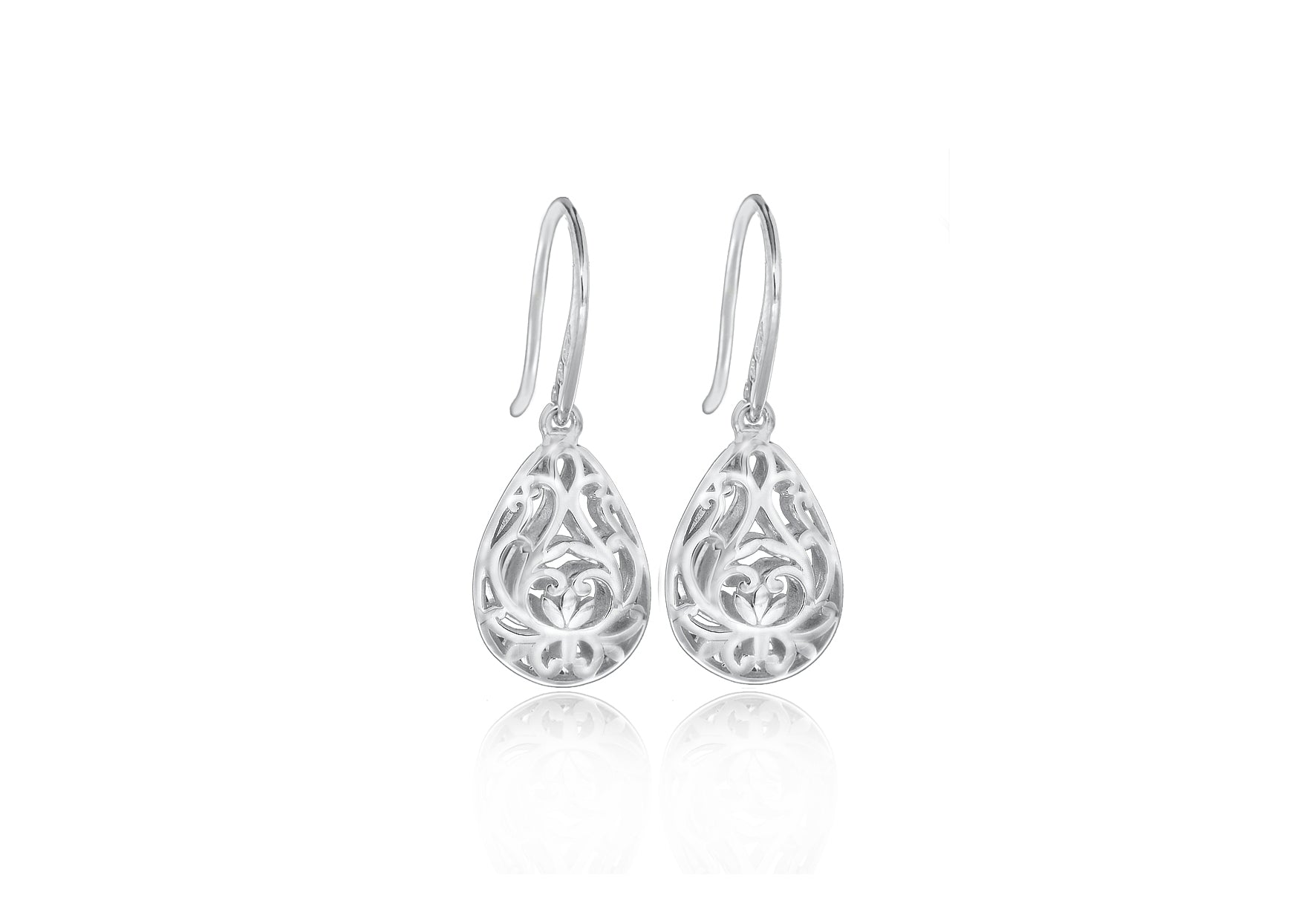 Sterling Silver Rhodium Plated Filigree Teardrop Earrings