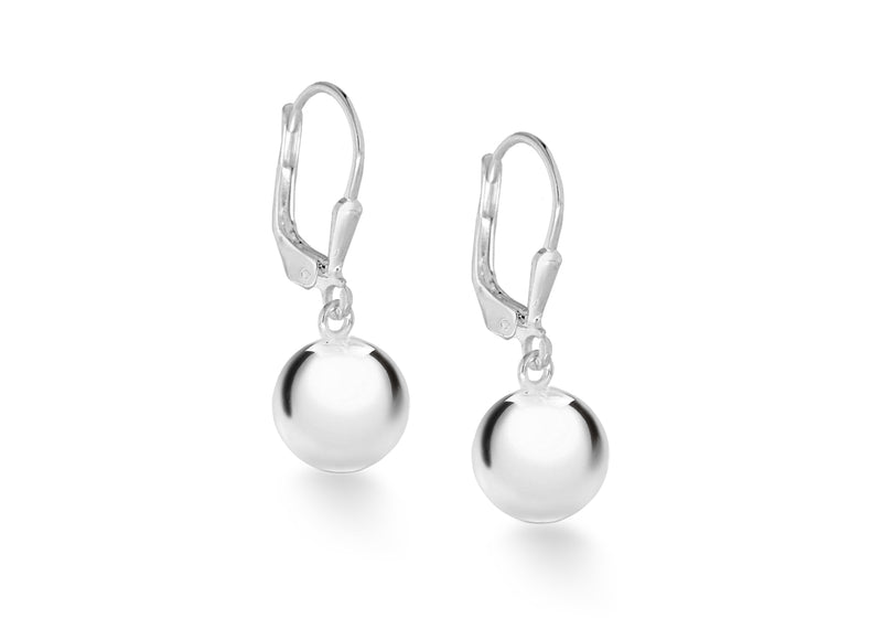 Sterling Silver 10mm Round Ball Lever Bak Drop Earrings