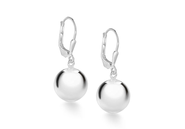 Sterling Silver 12mm Round Ball Lever Bak Drop Earrings