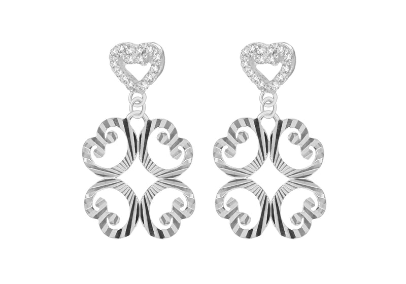 Sterling Silver Diamond Cut Zirconia  Heart Flower Drop Earrings