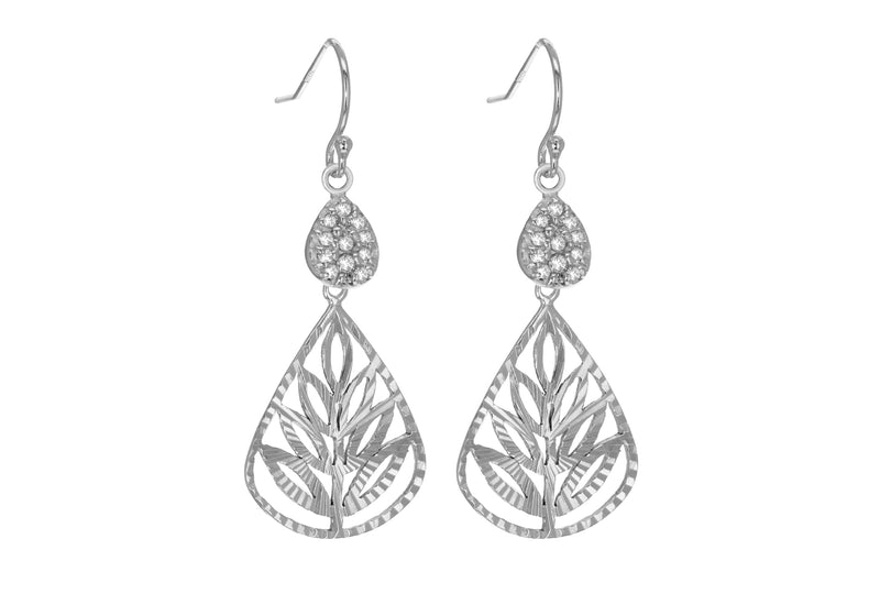 Sterling Silver Diamond Cut Zirconia  Leaf Drop Earrings