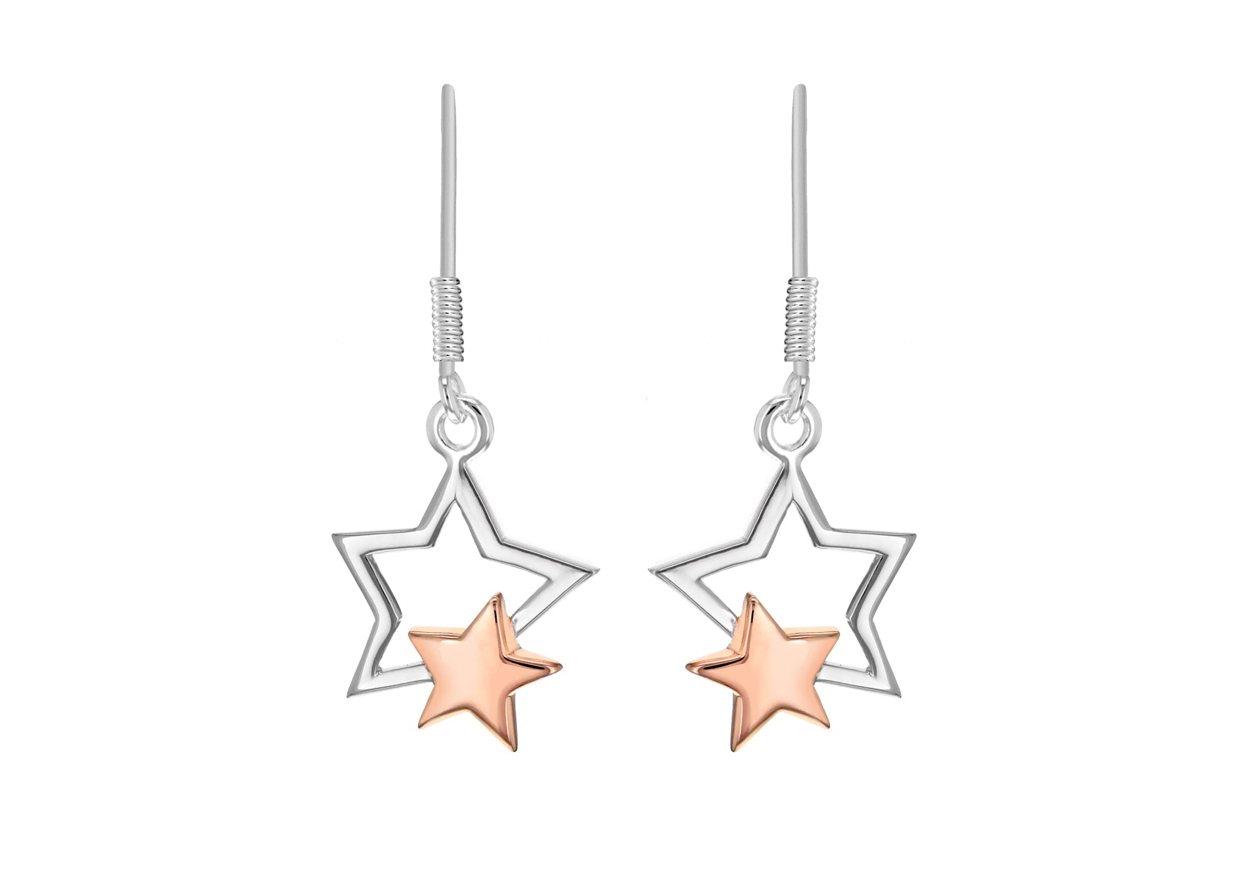 Sterling Silver & Rose Gold Plated Double Star Drop Earrings