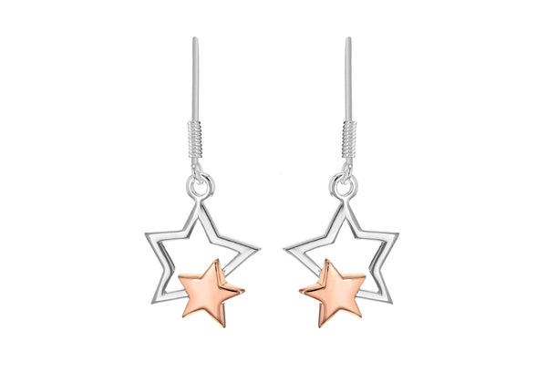 Sterling Silver & Rose Gold Plated Double Star Drop Earrings