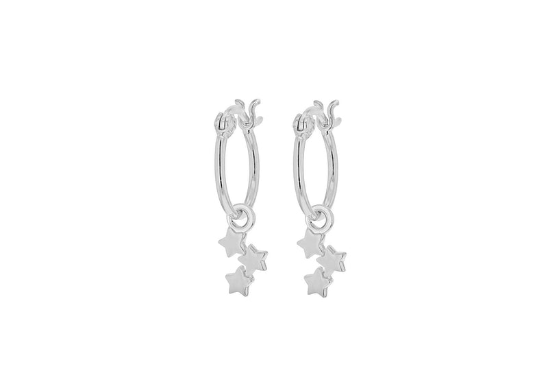 Sterling Silver Rhodium Plated Triple-Star Drop 13mm Creole Hoop Earrings