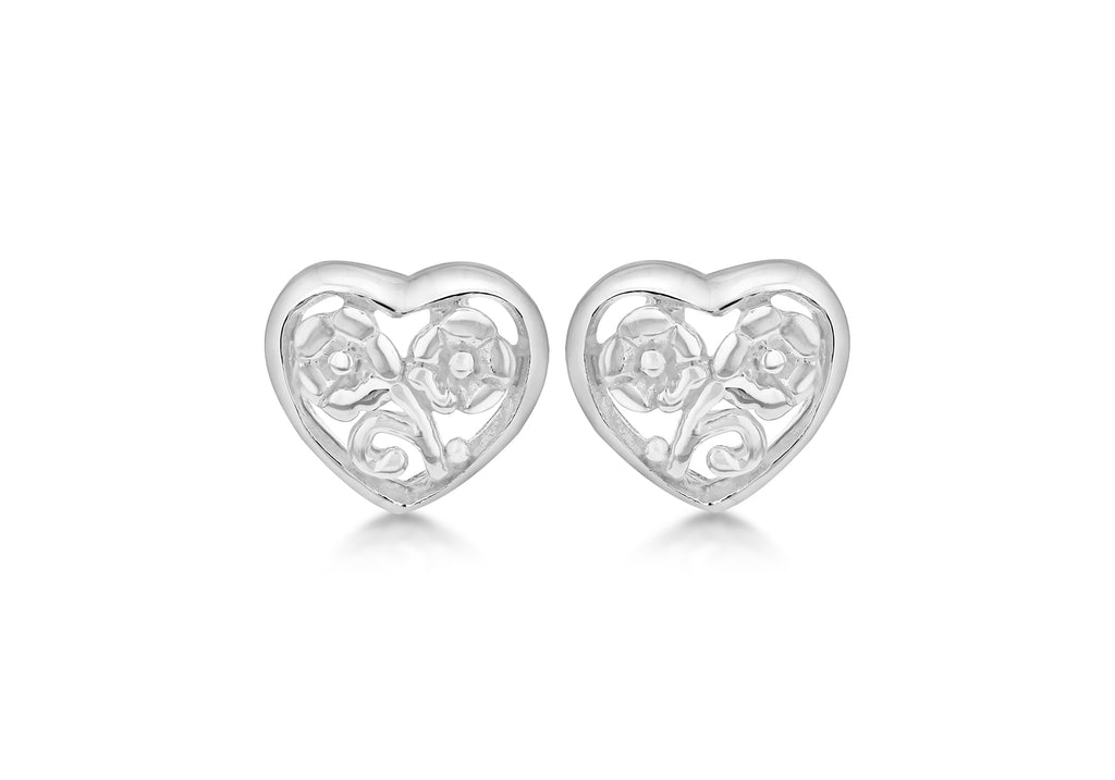 Sterling Silver Flower Heart Stud Earrings 