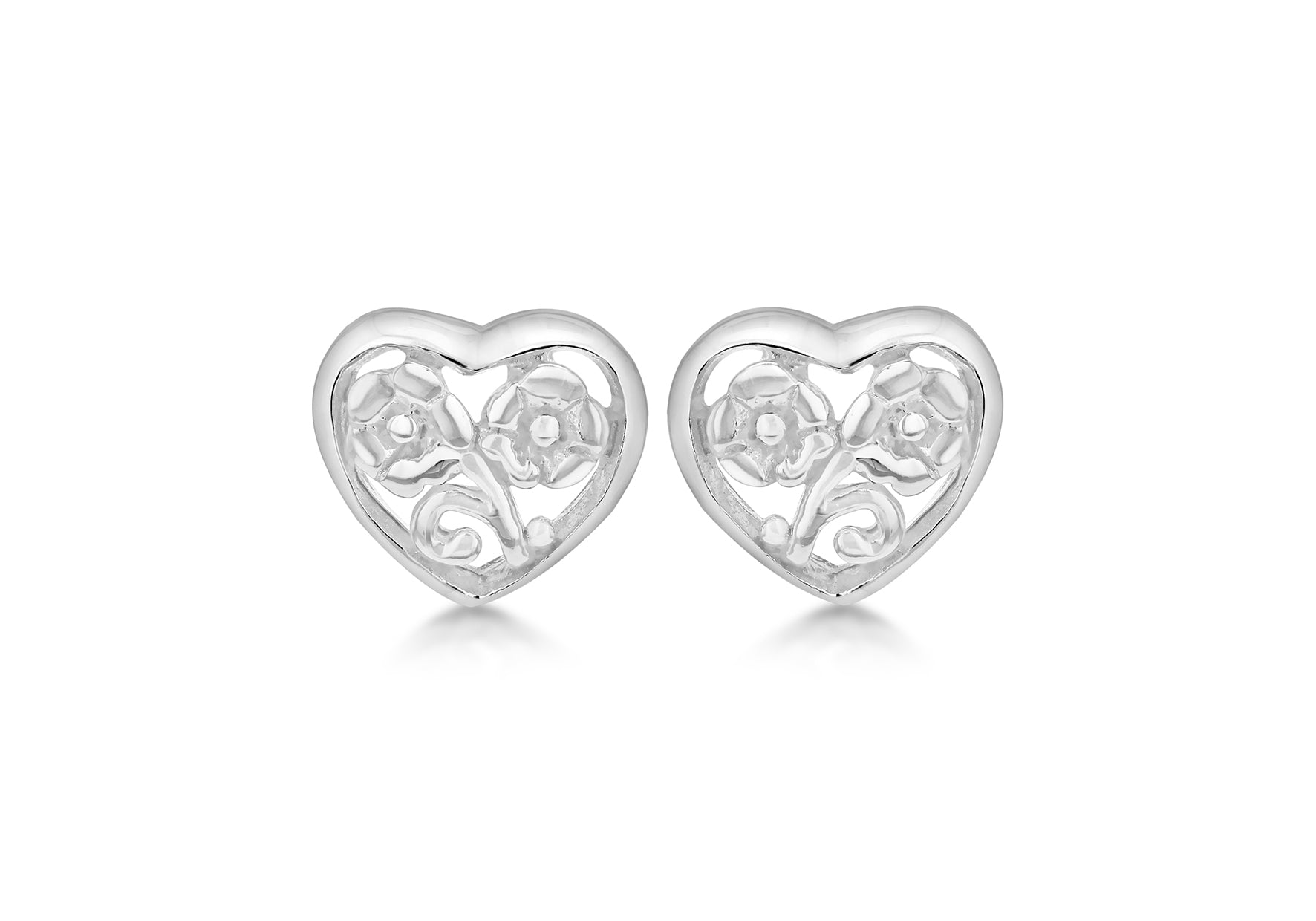 Sterling Silver Flower Heart Stud Earrings 